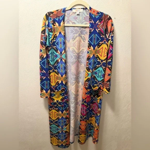 LuLaRoe Blue Yellow Long Duster Cardigan Colorful Geometric Print Spring Size S - Picture 2 of 5